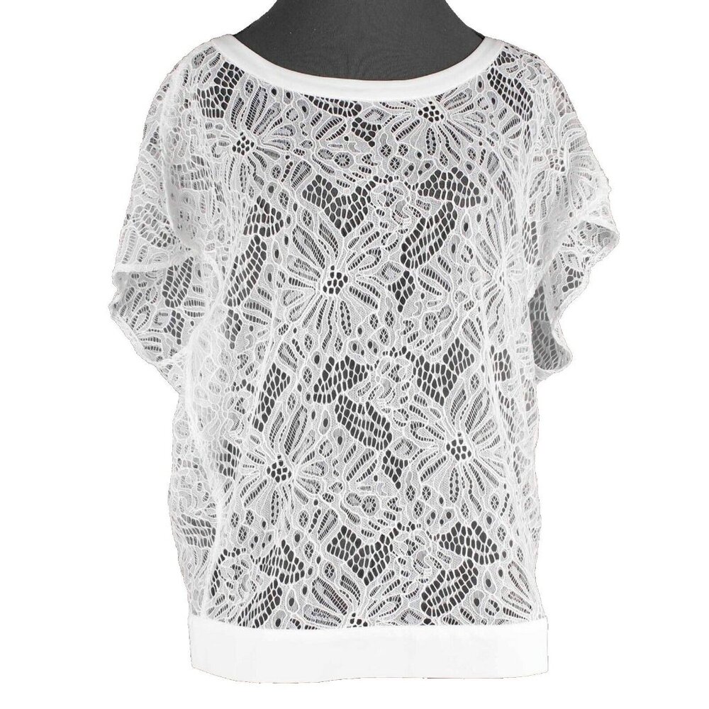 CAbi $99 White Lace Drop Shoulder Banded Snap Bottom Top